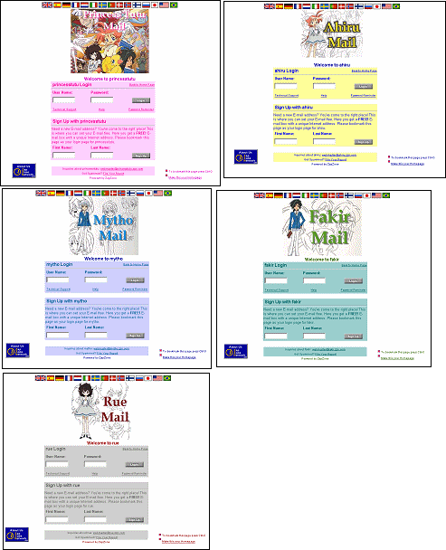 Screens of the Login pages for the e-mails